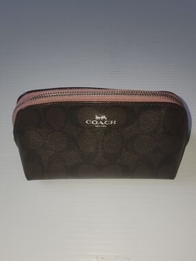 Coach Cosmetic Case 17  Signature Canvas Pouch with Pink Zipper.